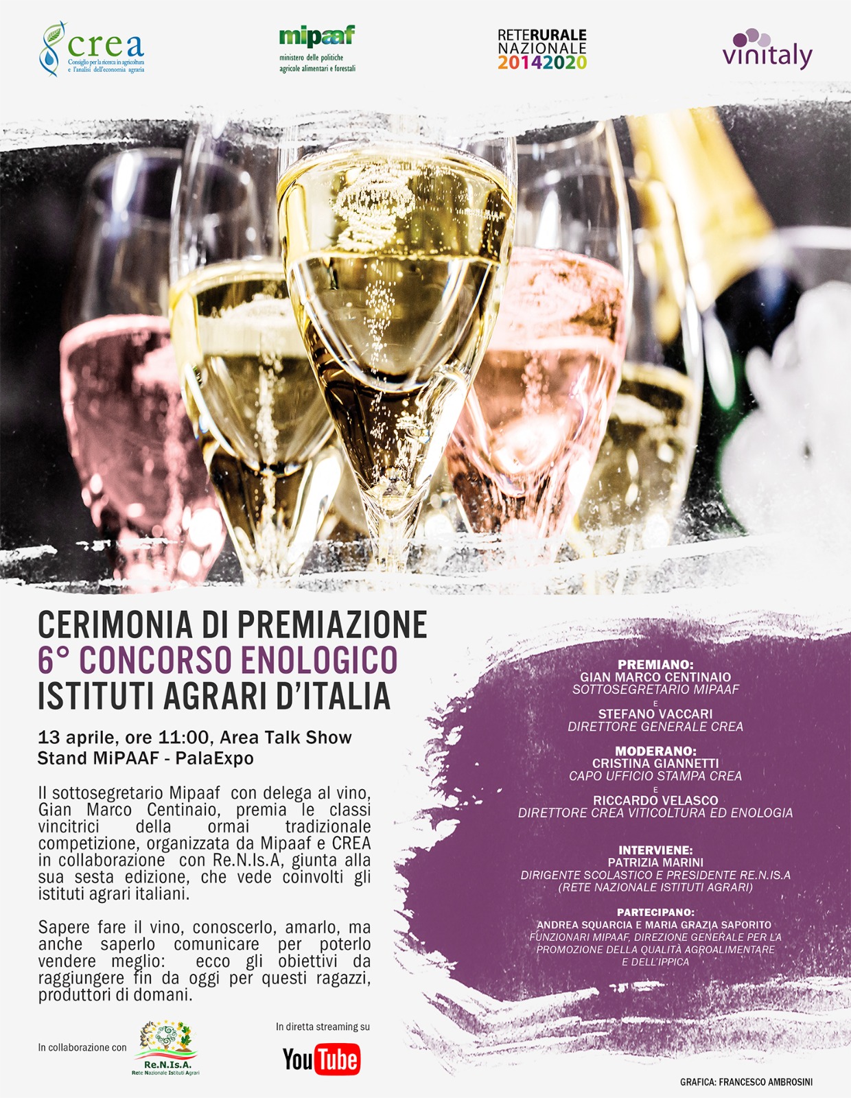 VINITALY, 6 CONCORSO ENOLOGICO ISTITUTI AGRARI MIPAAF-CREA: IL SS GIAN MARCO CENTINAIO E IL DG STEFANO VACCARI PREMIANO LE CLASSI VINCITRICI