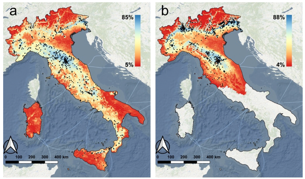 Mappe di distribuzione (punti in nero) e di idoneità dell’habitat per 2 dei 5 insetti indagati (i.e., Morimus asper /funereus e Lucanus cervus)